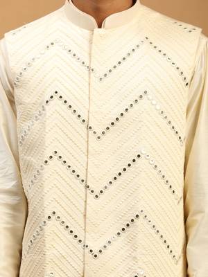 cream mirror work nehru jacket with self design kurta pyjama set | 3-piece embellished festive ethnic wear 4