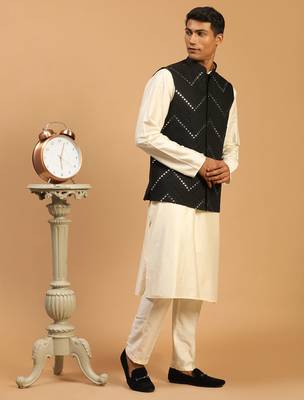 black mirror work nehru jacket with kurta pyjama set | 3-piece embellished festive outfit 2