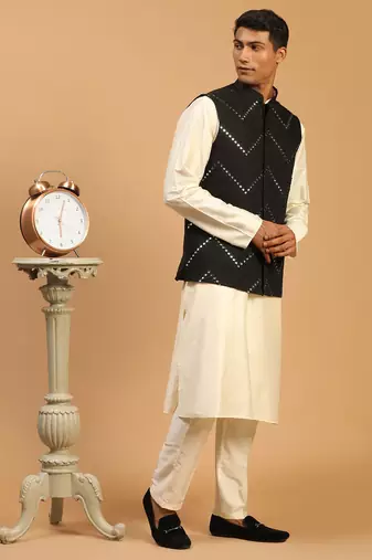 black mirror work nehru jacket with kurta pyjama set | 3-piece embellished festive outfit
