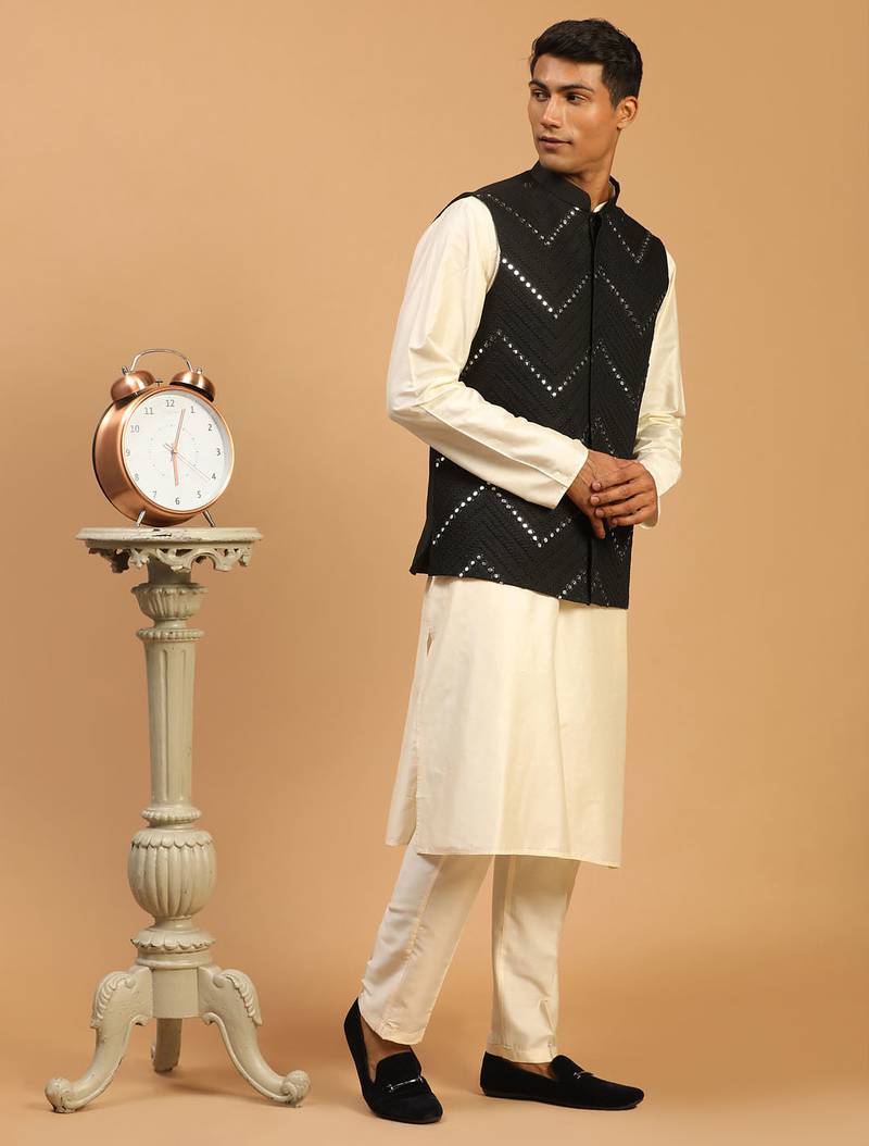 black mirror work nehru jacket with kurta pyjama set | 3-piece embellished festive outfit