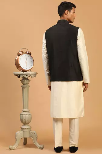 black mirror work nehru jacket with kurta pyjama set | 3-piece embellished festive outfit