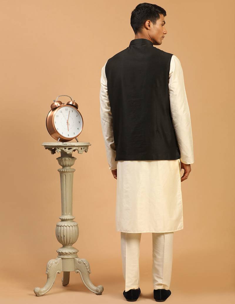 black mirror work nehru jacket with kurta pyjama set | 3-piece embellished festive outfit