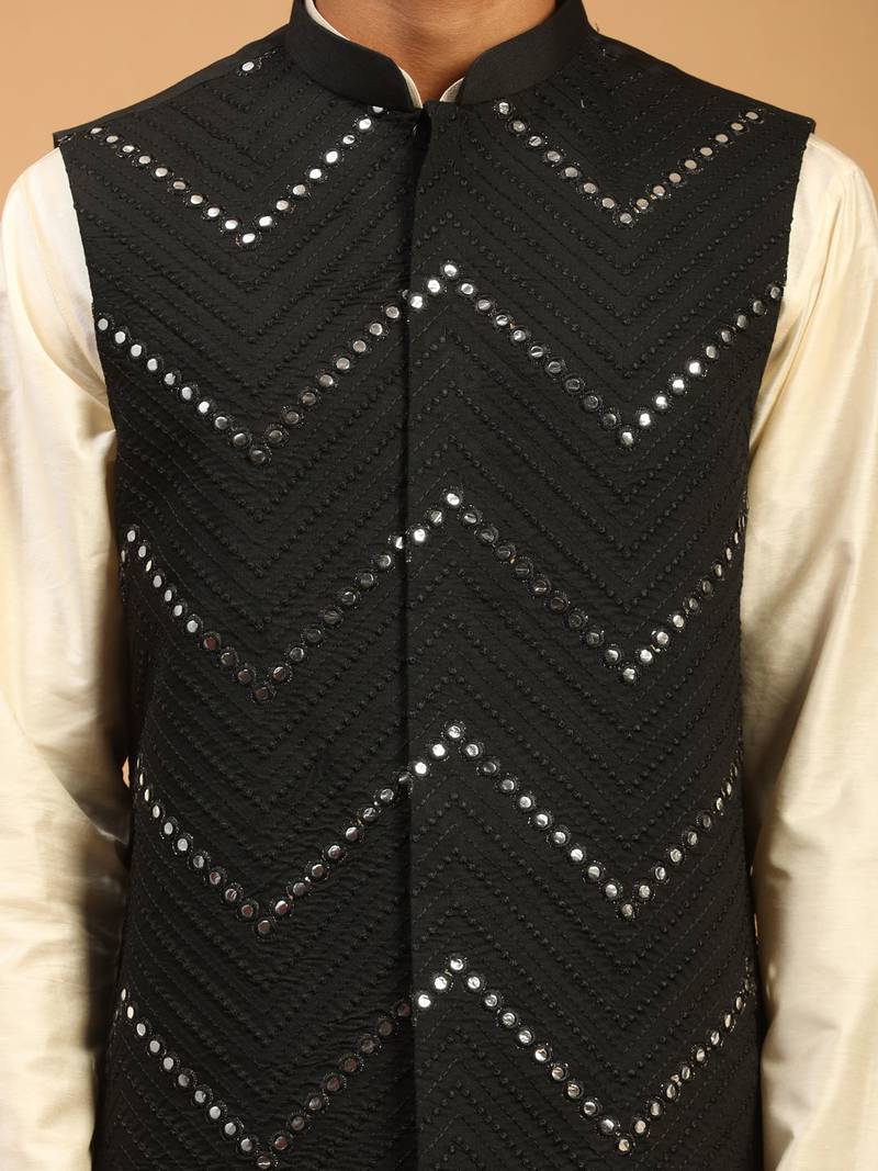 black mirror work nehru jacket with kurta pyjama set | 3-piece embellished festive outfit