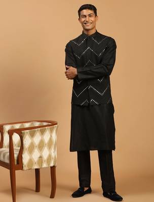 black mirror work nehru jacket with kurta pyjama set | 3-piece embellished festive wear 1