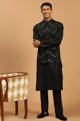 black mirror work nehru jacket with kurta pyjama set | 3-piece embellished festive wear