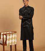 black mirror work nehru jacket with kurta pyjama set | 3-piece embellished festive wear