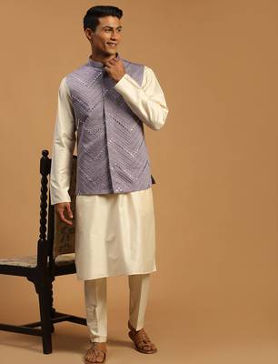 onion mirror work nehru jacket with cream viscose kurta pyjama set | comfortable contrast 3-piece festive wear 1