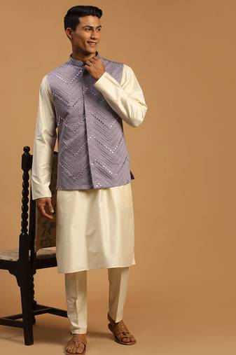 onion mirror work nehru jacket with cream viscose kurta pyjama set | comfortable contrast 3-piece festive wear