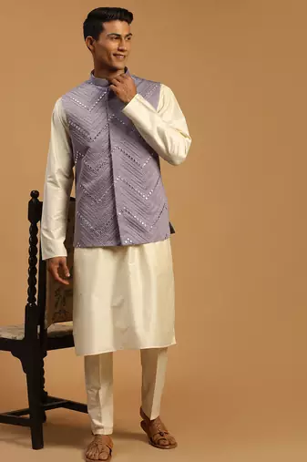onion mirror work nehru jacket with cream viscose kurta pyjama set | comfortable contrast 3-piece festive wear