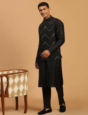 black mirror work nehru jacket with kurta pyjama set | 3-piece embellished festive wear 2