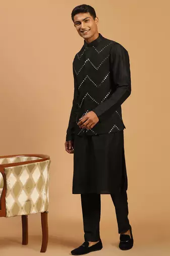 black mirror work nehru jacket with kurta pyjama set | 3-piece embellished festive wear