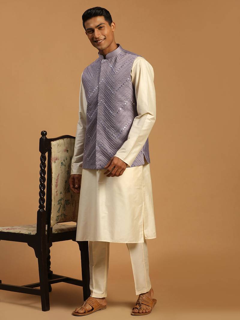 onion mirror work nehru jacket with cream viscose kurta pyjama set | comfortable contrast 3-piece festive wear