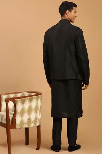 black mirror work nehru jacket with kurta pyjama set | 3-piece embellished festive wear