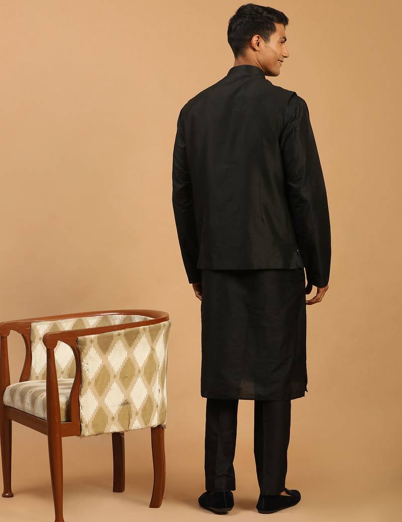black mirror work nehru jacket with kurta pyjama set | 3-piece embellished festive wear