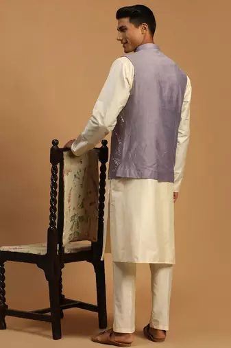 onion mirror work nehru jacket with cream viscose kurta pyjama set | comfortable contrast 3-piece festive wear