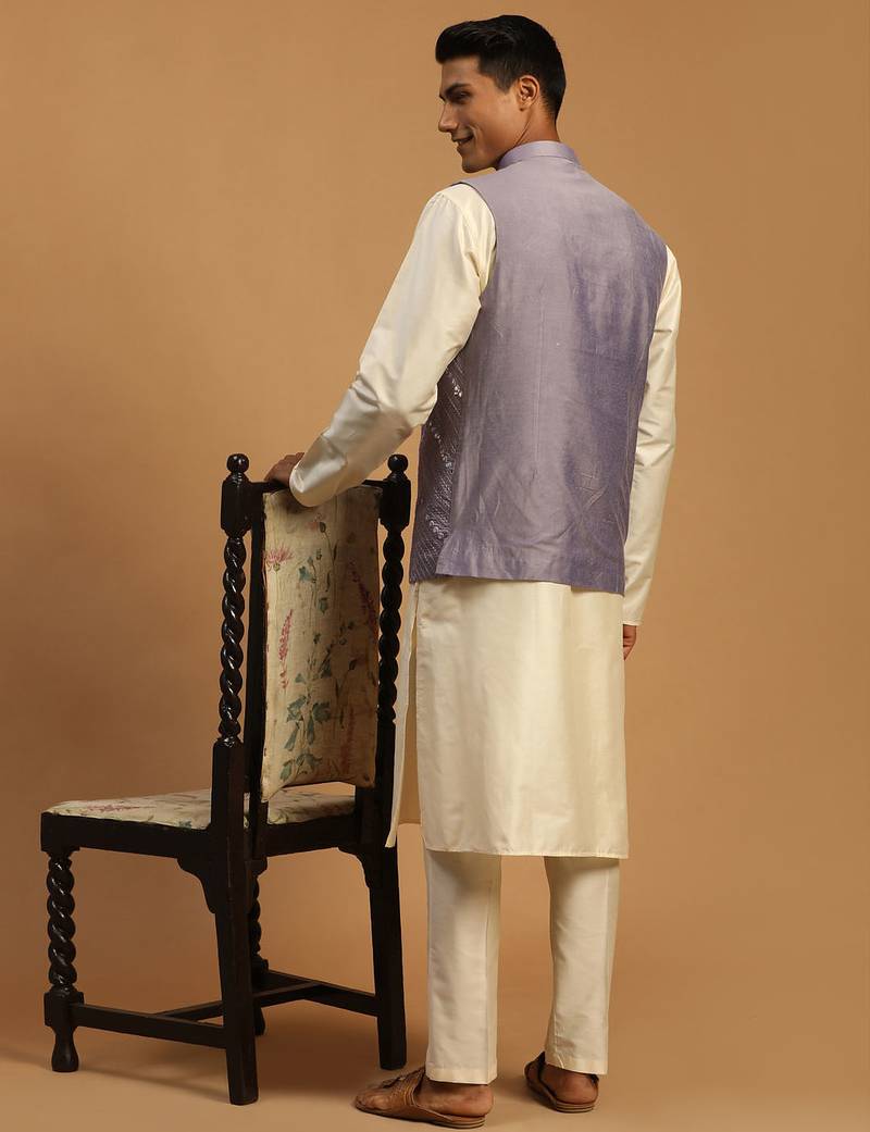 onion mirror work nehru jacket with cream viscose kurta pyjama set | comfortable contrast 3-piece festive wear