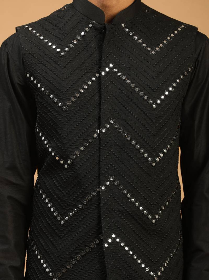 black mirror work nehru jacket with kurta pyjama set | 3-piece embellished festive wear