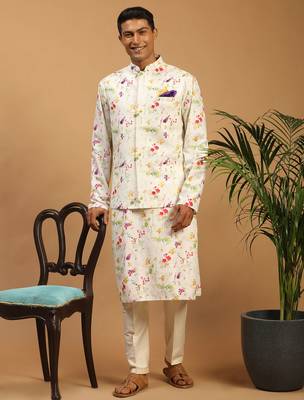 cream floral digital print nehru jacket kurta pyjama set | 3-piece festive ethnic wear 1