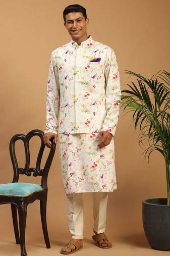 cream floral digital print nehru jacket kurta pyjama set | 3-piece festive ethnic wear