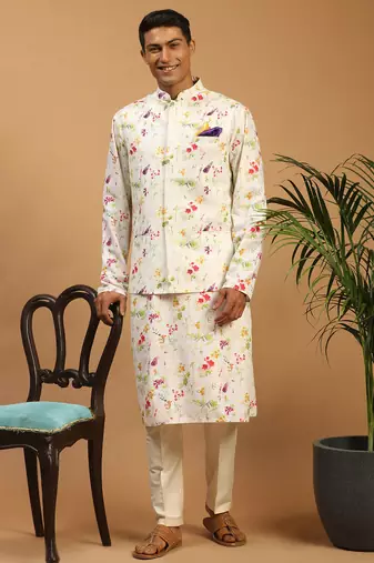 cream floral digital print nehru jacket kurta pyjama set | 3-piece festive ethnic wear