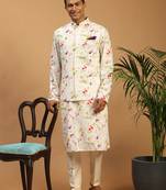 cream floral digital print nehru jacket kurta pyjama set | 3-piece festive ethnic wear