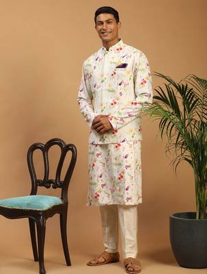 cream floral digital print nehru jacket kurta pyjama set | 3-piece festive ethnic wear 2