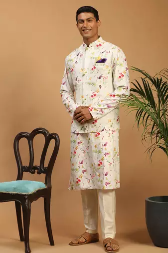 cream floral digital print nehru jacket kurta pyjama set | 3-piece festive ethnic wear