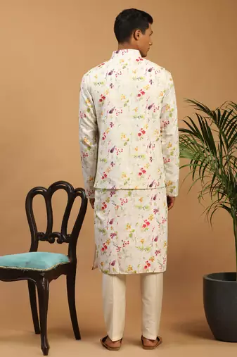 cream floral digital print nehru jacket kurta pyjama set | 3-piece festive ethnic wear