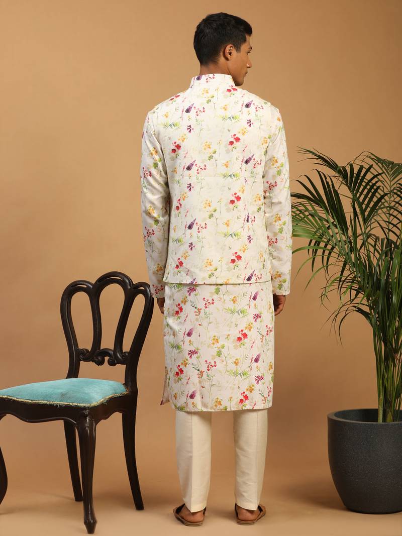 cream floral digital print nehru jacket kurta pyjama set | 3-piece festive ethnic wear
