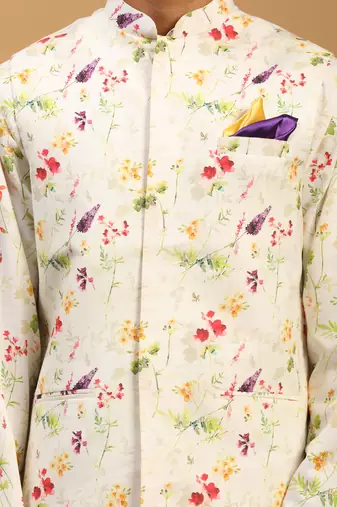 cream floral digital print nehru jacket kurta pyjama set | 3-piece festive ethnic wear