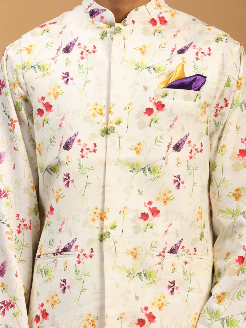 cream floral digital print nehru jacket kurta pyjama set | 3-piece festive ethnic wear