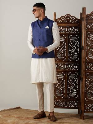 blue nehru jacket with cream kurta pyjama set | 3-piece ethnic festive wear 1