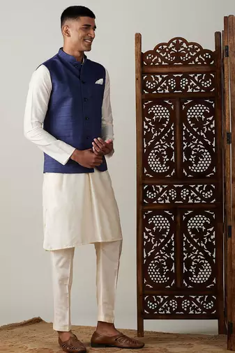 blue nehru jacket with cream kurta pyjama set | 3-piece ethnic festive wear