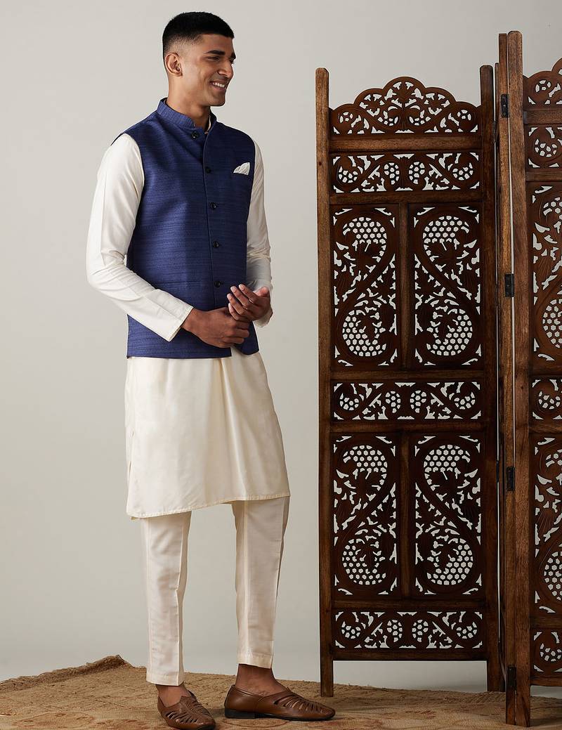 blue nehru jacket with cream kurta pyjama set | 3-piece ethnic festive wear