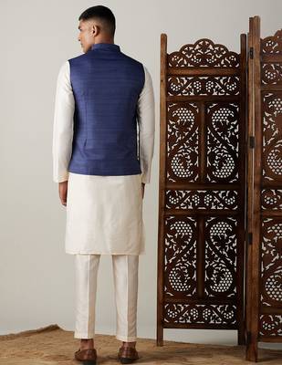 blue nehru jacket with cream kurta pyjama set | 3-piece ethnic festive wear 3