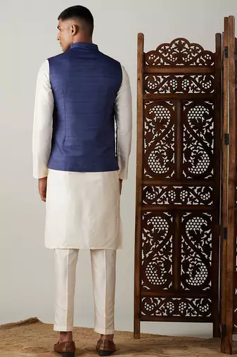 blue nehru jacket with cream kurta pyjama set | 3-piece ethnic festive wear
