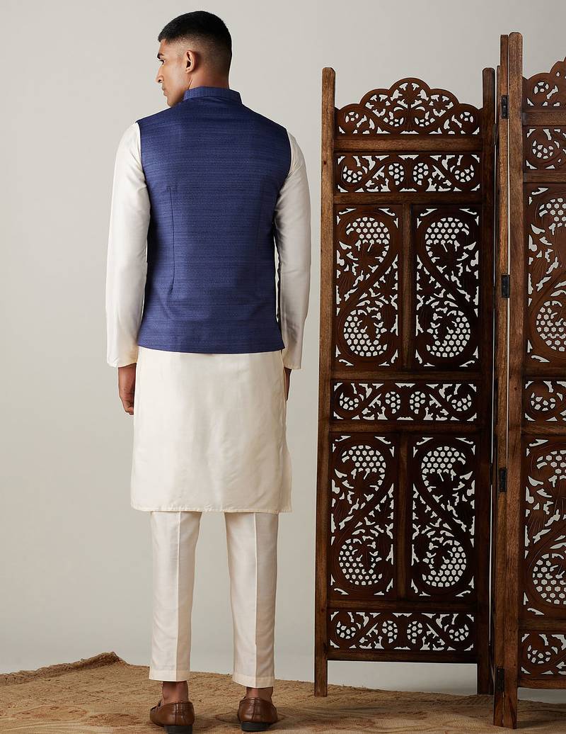 blue nehru jacket with cream kurta pyjama set | 3-piece ethnic festive wear