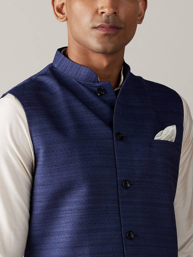 blue nehru jacket with cream kurta pyjama set | 3-piece ethnic festive wear