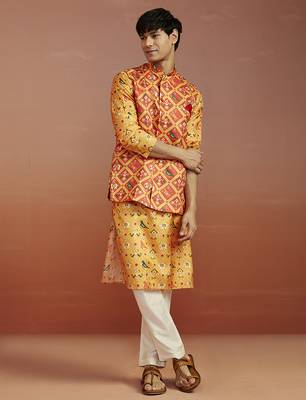 red patola print nehru jacket with yellow silk kurta & cream pyjama | vibrant 3-piece festive set 1