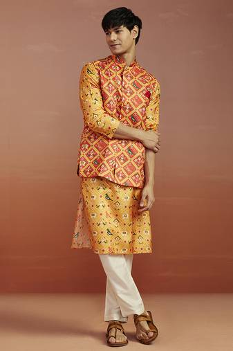 red patola print nehru jacket with yellow silk kurta & cream pyjama | vibrant 3-piece festive set