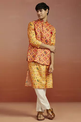red patola print nehru jacket with yellow silk kurta & cream pyjama | vibrant 3-piece festive set