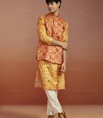 red patola print nehru jacket with yellow silk kurta & cream pyjama | vibrant 3-piece festive set