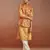 red patola print nehru jacket with yellow silk kurta & cream pyjama | vibrant 3-piece festive set