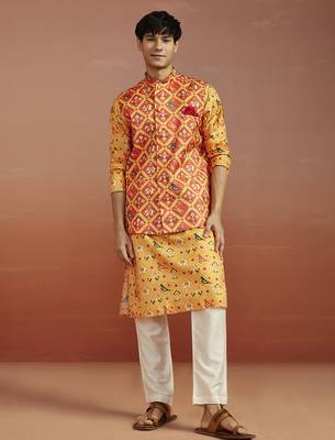 red patola print nehru jacket with yellow silk kurta & cream pyjama | vibrant 3-piece festive set 2
