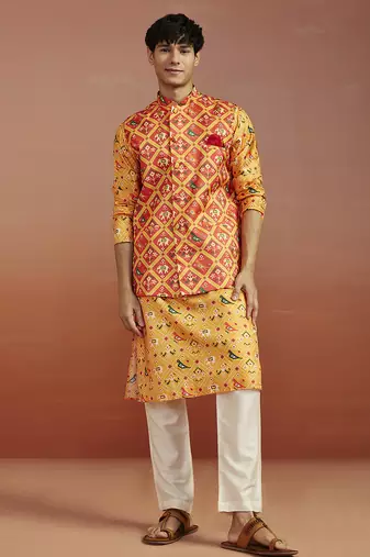 red patola print nehru jacket with yellow silk kurta & cream pyjama | vibrant 3-piece festive set