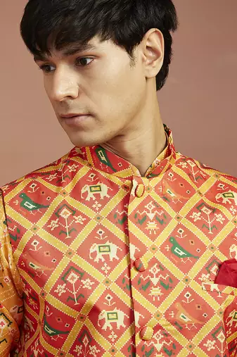 red patola print nehru jacket with yellow silk kurta & cream pyjama | vibrant 3-piece festive set