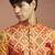 red patola print nehru jacket with yellow silk kurta & cream pyjama | vibrant 3-piece festive set