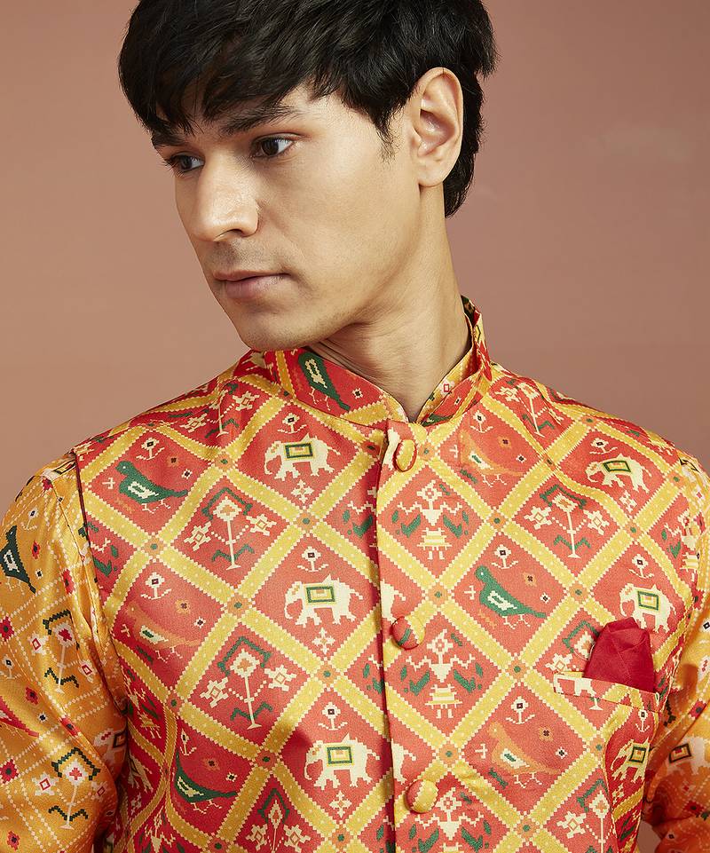 red patola print nehru jacket with yellow silk kurta & cream pyjama | vibrant 3-piece festive set