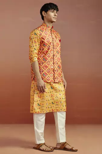 red patola print nehru jacket with yellow silk kurta & cream pyjama | vibrant 3-piece festive set