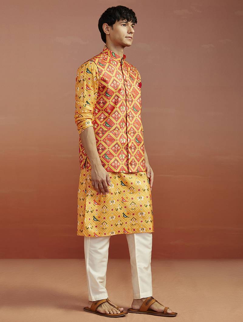 red patola print nehru jacket with yellow silk kurta & cream pyjama | vibrant 3-piece festive set